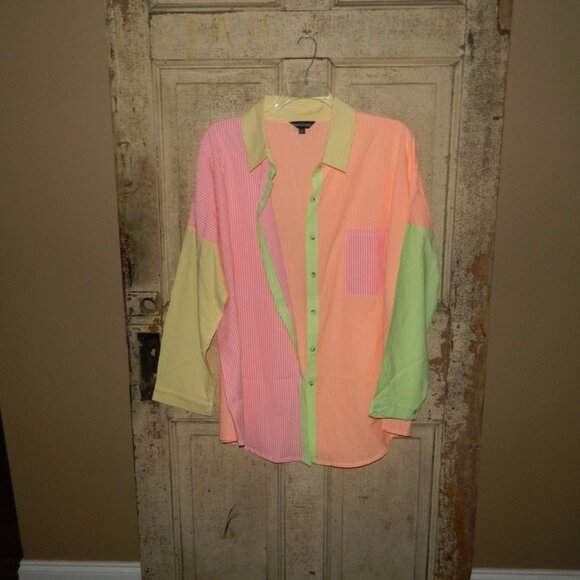 DAVI & DANI Tops - Davi & Dani Neon Stripe Button Up Oversized Blouse Top Wms Size 2XL (L-44)